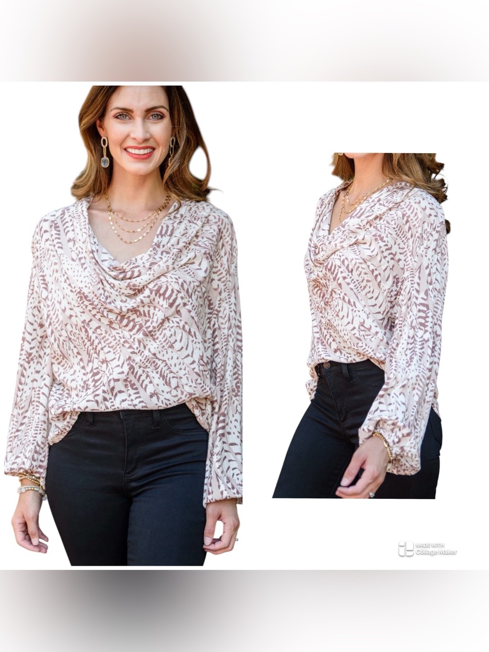 ANDREE BY UNIT Cream and Taupe Printed Cowl Neck Blouse size L